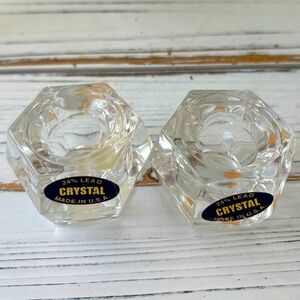 Pair of 24% Lead crystal Hexagon Shaped Taper Candle Holders. Made in USA.